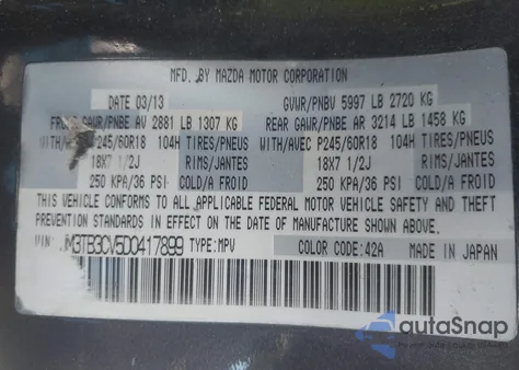 2013 Mazda Cx-9 Touring z USA, uszkodzony, nr VIN JM3TB3CV5D0417899